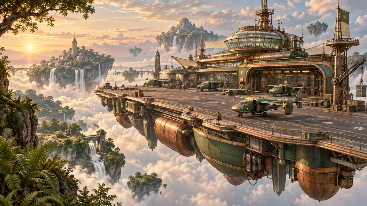 Original concept illustration of a copper-toned flying airbase surrounded by floating islands