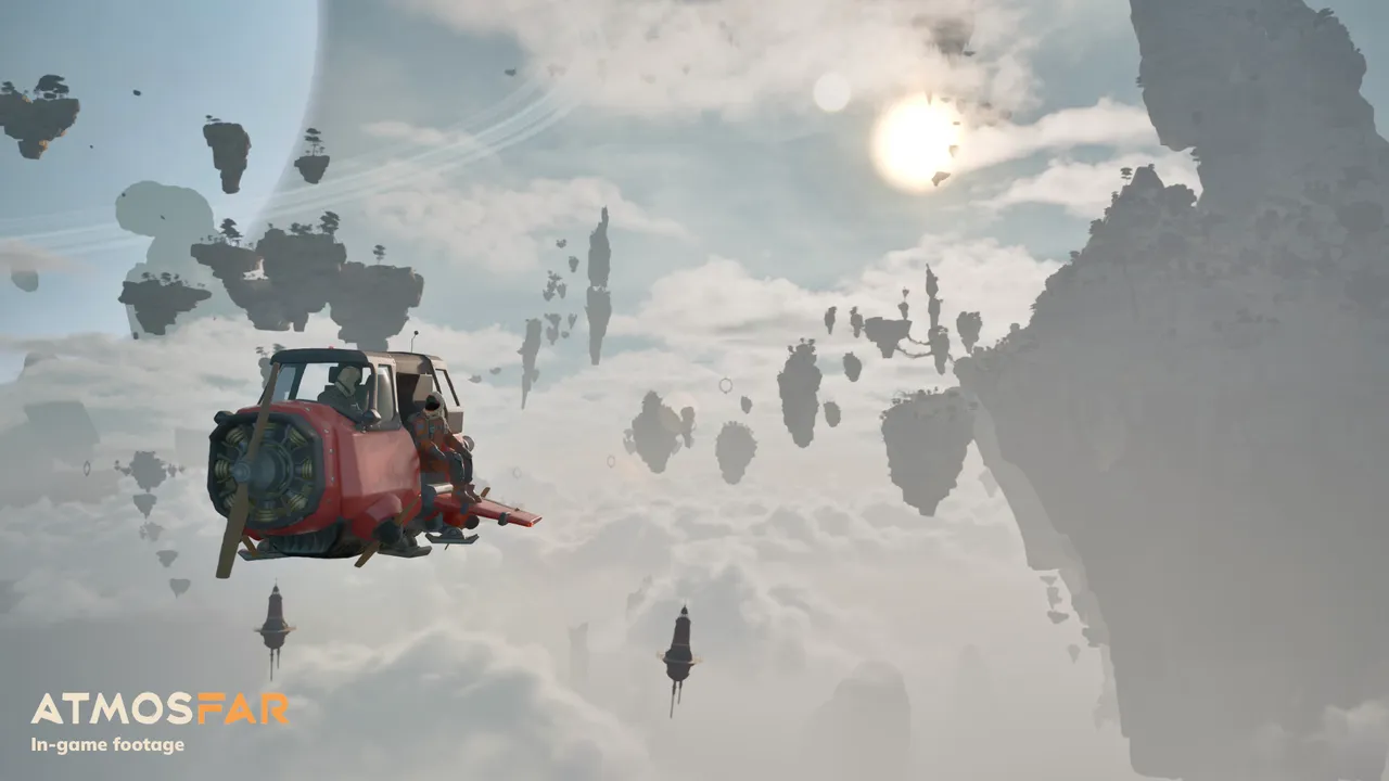 Two explorers hanging beneath a Wasp above the floating islands