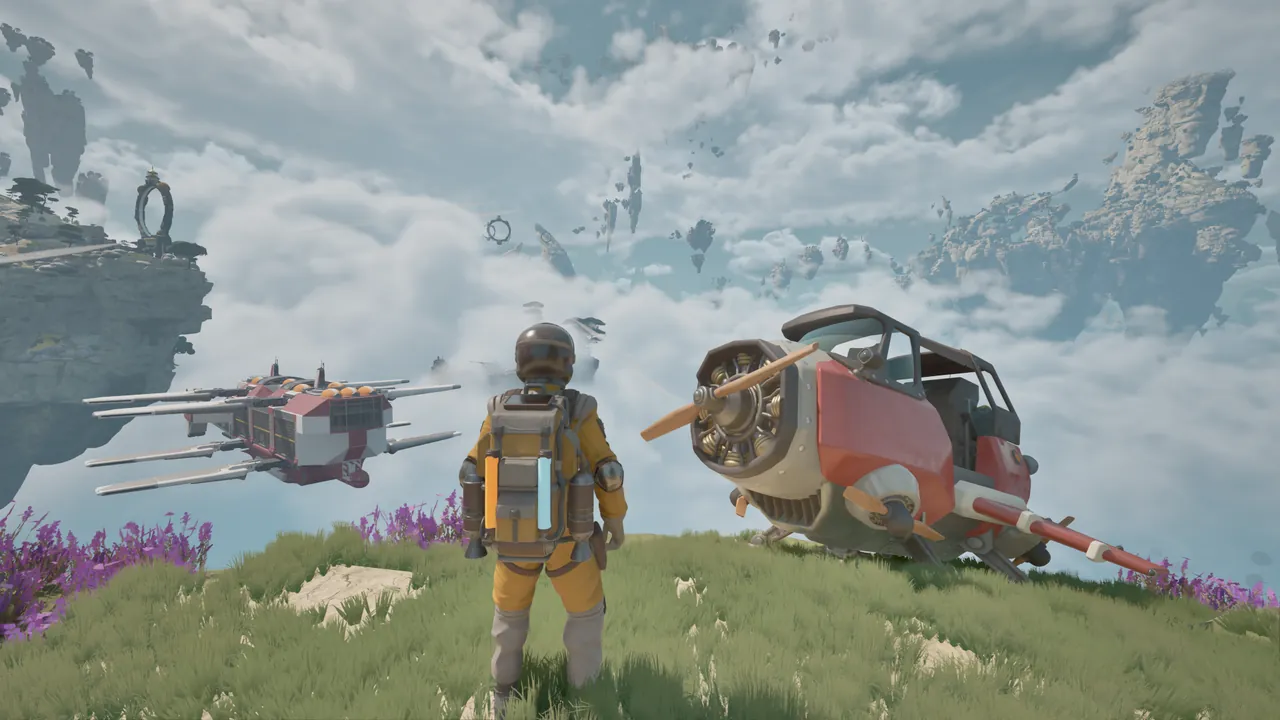 Explorer standing near a red Wasp with a Cloud Cruiser flying in the distance