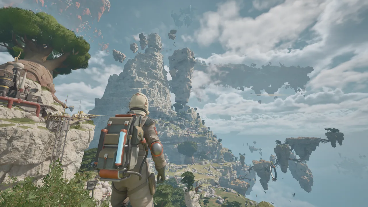 Third-person explorer overlooking forested floating islands and clouds