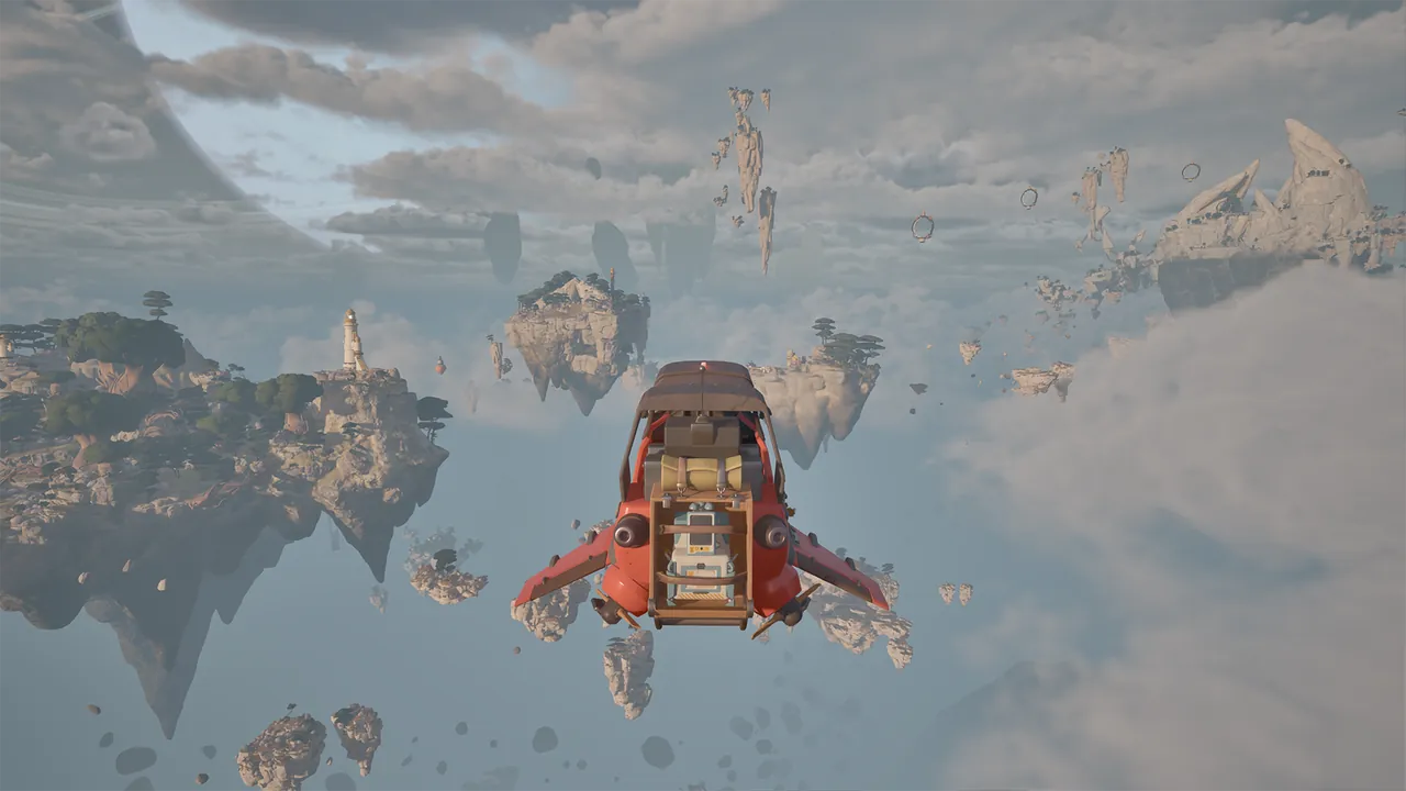 Rear view of a red Wasp flying between floating islands
