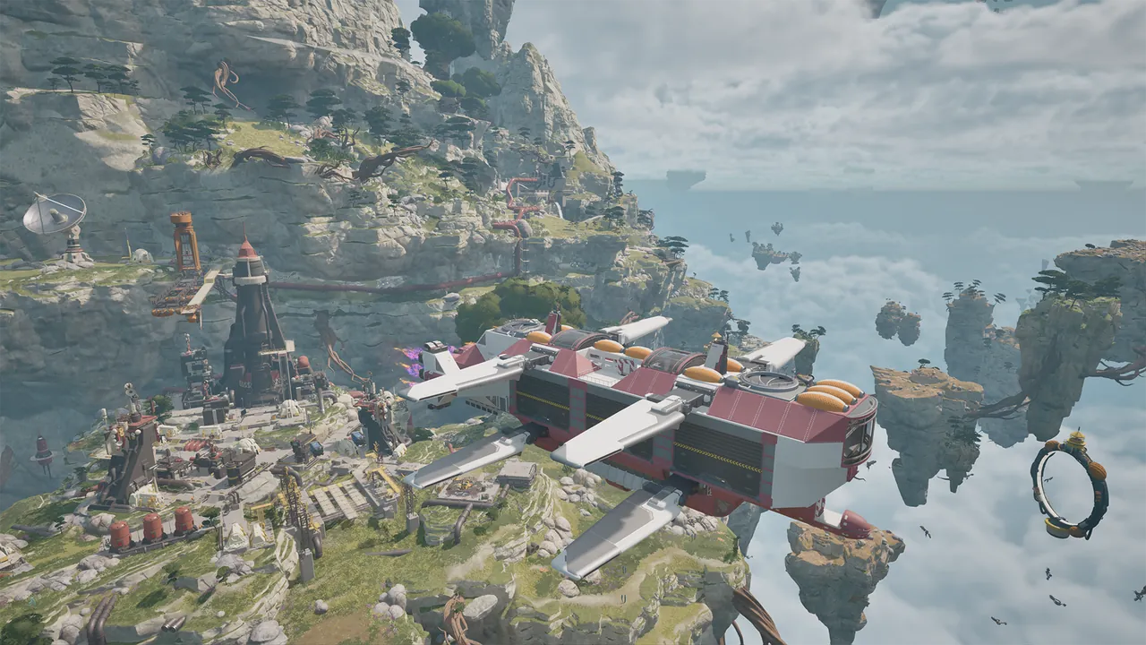 Cloud Cruiser flying beside a forested island and circular aerial structures