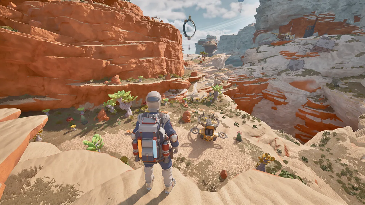Explorer and parked aircraft in a red-rock canyon biome