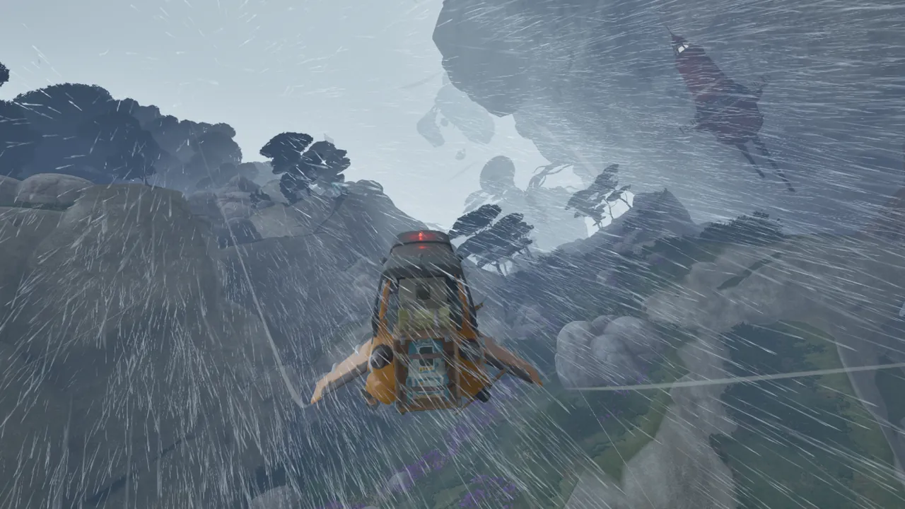 Wasp flying through heavy rain beside steep floating cliffs